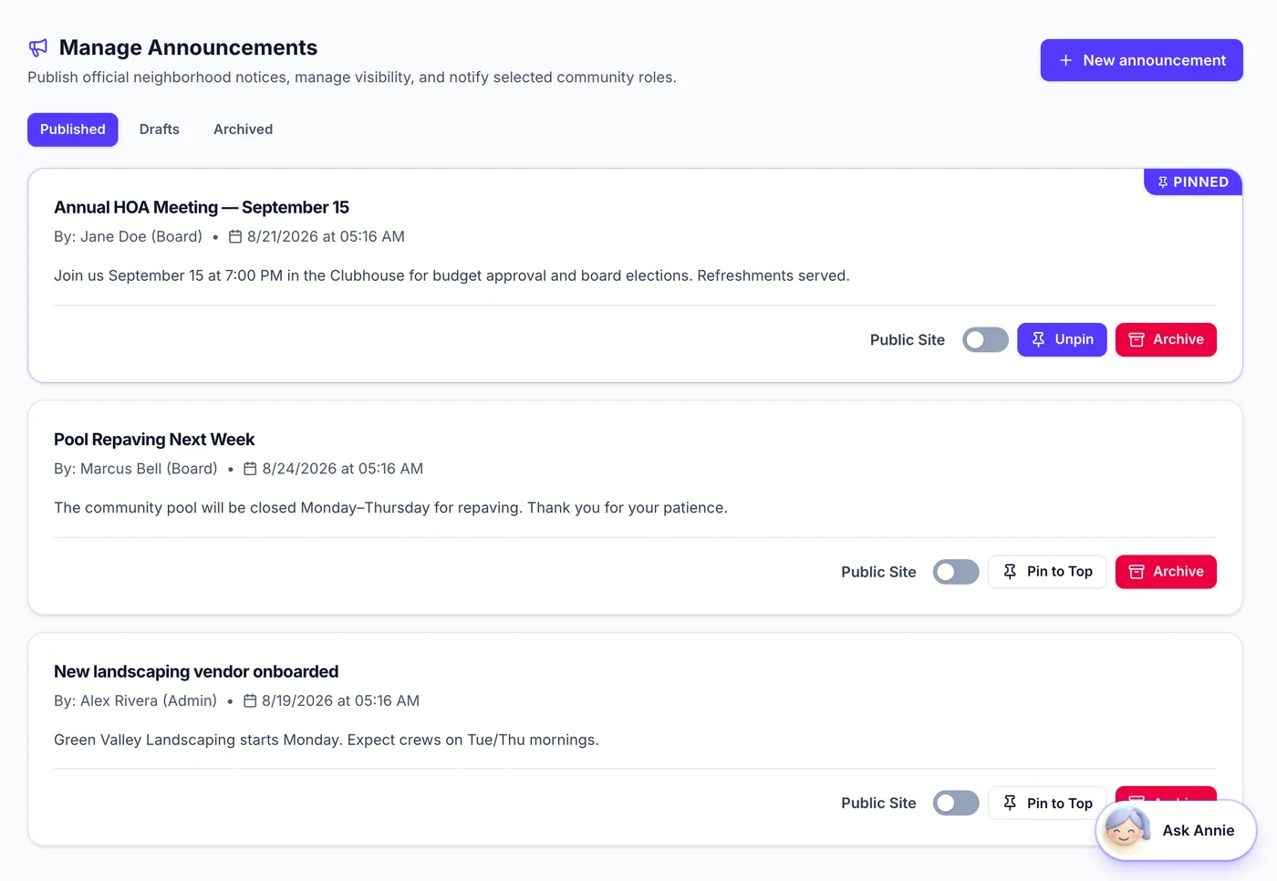 HavenHOA announcements list with pinned and published community notices